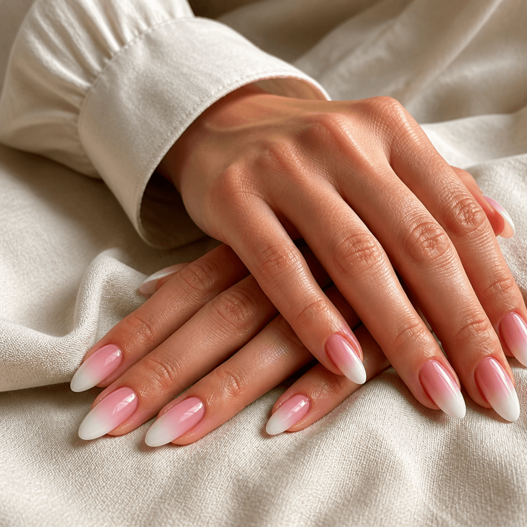 Blush-to-white ombré almond nails on linen